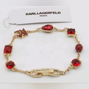 KARL LAGERFELD PARIS Pavé Logo Red Fireball Gold Tone Cut Crystal Flex Bracelet